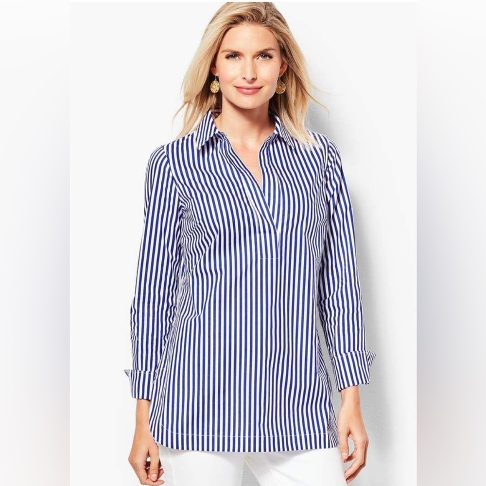 Talbots Blue and White Striped Button-Front Tunic Blouse